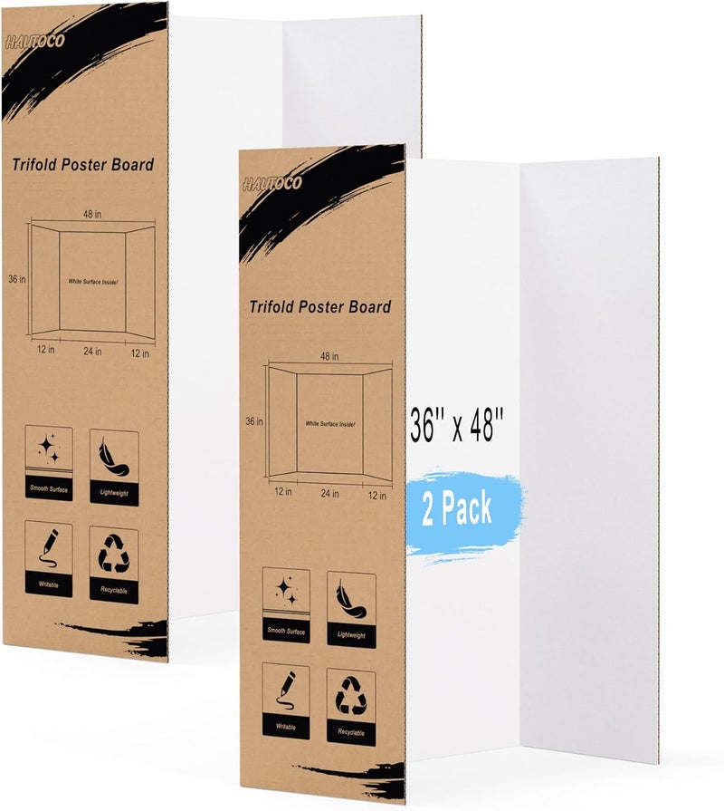 Hautoco 36'' x 48'' Trifold Poster Board 2 Pack Large Tri Fold Project Boards White Corrugated Presentation Cardboard for Science Fairs, School Projects, Event Displays, Business - Image 1